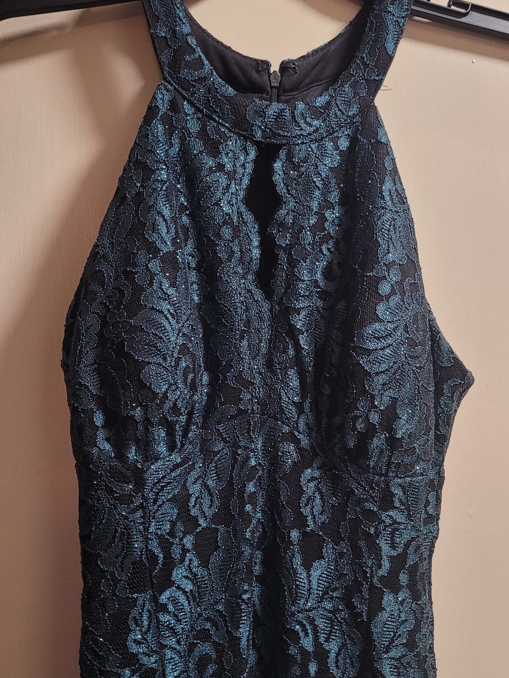 Morgan & Co. Teal and Black Lace Halter Prom Dress